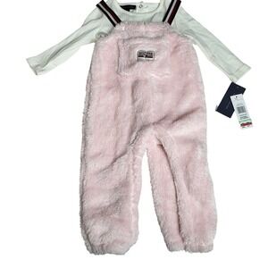 Tommy Hilfiger Baby Girls 18M Pink Fuzzy Overalls & White Ribbed Long Sleeve Set